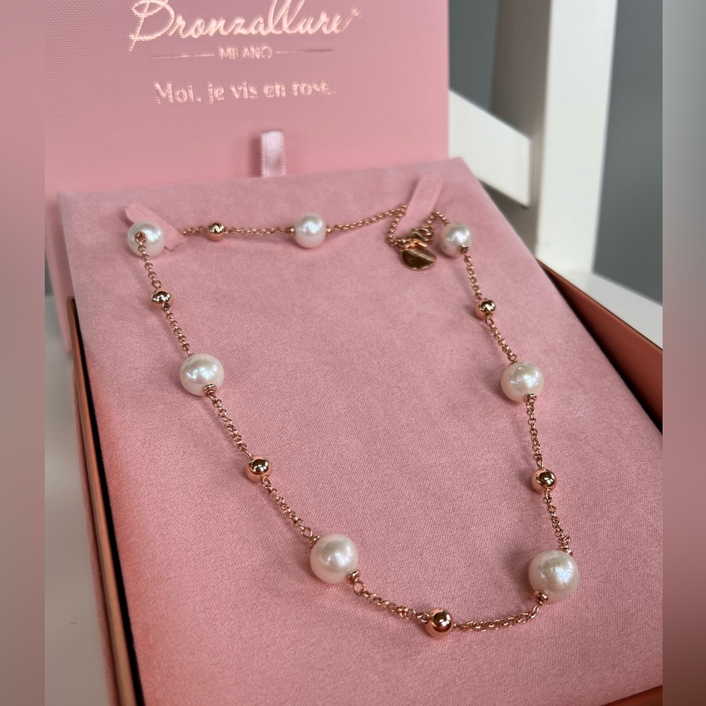 Bronzallure Necklace Spheres and Freshwater Cultured Pearls 10mm Brand New